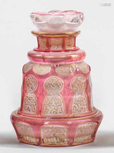 Biedermeier-Teedose mit StöpselFarbloses Glas mit weißem Unterfang, geschliffen und partiell