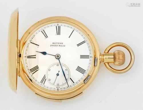 Goldene Herrentaschenuhr von Retpan mit 1/4-RepetitionGelbgold, gest. 18 ct.; Dreideckel-