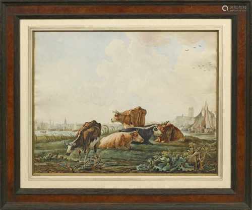 Jacob van Strij(1756 Dordrecht - 1815 ebenda) attr.;Ruhende Kühe am Ufer der Maas vor der Ansicht