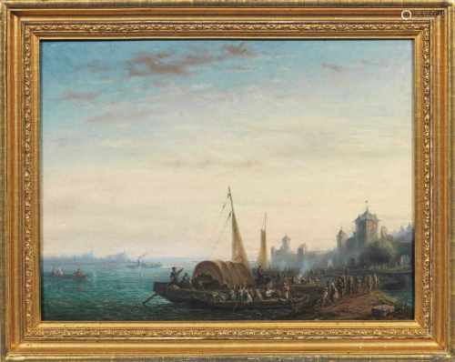 Anonymer Maler(Tätig 1. Hälfte 19. Jh.)Flusslandschaft mit Fähren und Booten an einer Stadt im