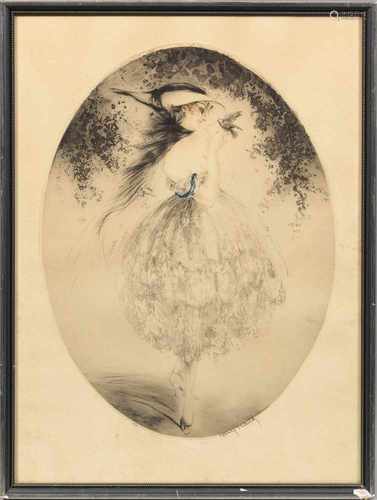 Louis Icart(1888 Toulouse - 1950 Paris)Kokette junge Dame mit kleinem VogelHandcolorierte Kaltnadel-