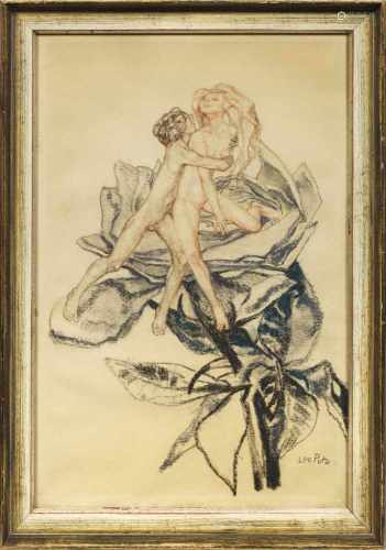 Leo Putz(1869 Meran - 1940 ebenda)Junges Paar auf einer RosenblüteErotische, phantasievolle