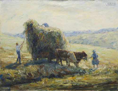 Otto Pippel(1878 Lodz - 1960 Planegg bei München)HeuernteBlick auf ein Ochensgespann, das Bauern mit