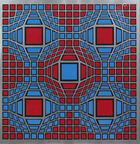 Victor Vasarely(1908 Pels - 1997 Paris)Abstrakte Op-Art-KompositionFarbserigraphie/silberfarbenes