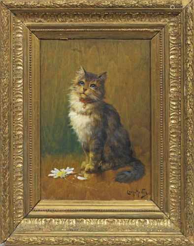 Léon Charles Huber(1858 Paris - 1928 ebenda)Vor einer Margerite sitzende Katze mit rotem