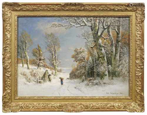 Adolf Gustav Schweitzer(1847 Dessau - 1914 Düsseldorf)Winterlandschaft mit Reisigsammlerin und