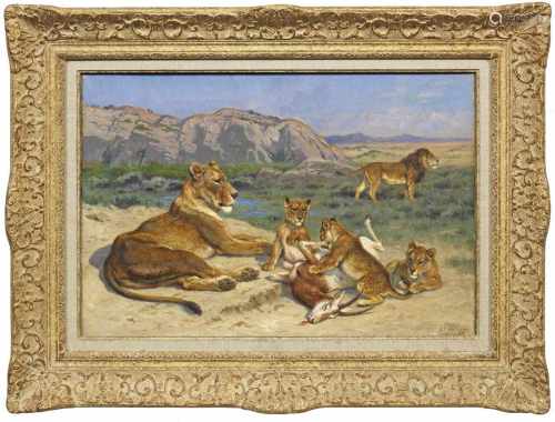 Georges Fredéric Rötig(1873 Le Havre - 1961 Paris)Löwen mit Jungen und erlegter GazelleLebendige