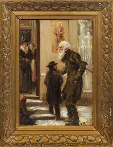 Franz Skarbina(1849 Berlin - 1910 ebenda)Kirchgänger vor einem verschneiten PortalMit lockerem,