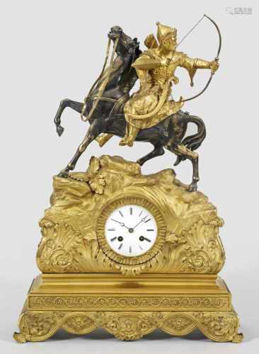 Seltene Louis Philippe-FigurenpenduleBronze, patiniert bzw. vergoldet. Vollplastische Darstellung