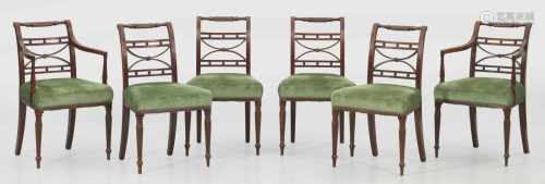 Umfangreiche Regency-Stuhlgruppe12-tlg.; Zwei Armlehnstühle und zehn Stühle. Mahagoni. Trapezförmige