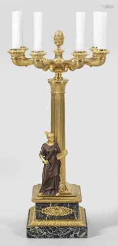 Große Empire-Salonlampe6-flg.; Bronze, vergoldet bzw. teilw. dunkel patiniert sowie grün