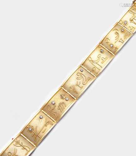 Cocktail-Armband aus den 70er JahrenGelbgold, gest. 585. Breite Bandform aus rechteckigen Elementen,