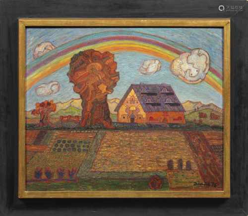 Simon Dittrich(Geb. 1940 Teplitz-Schönau)Landschaft mit Regenbogen über einem BauernhausFrühe Arbeit