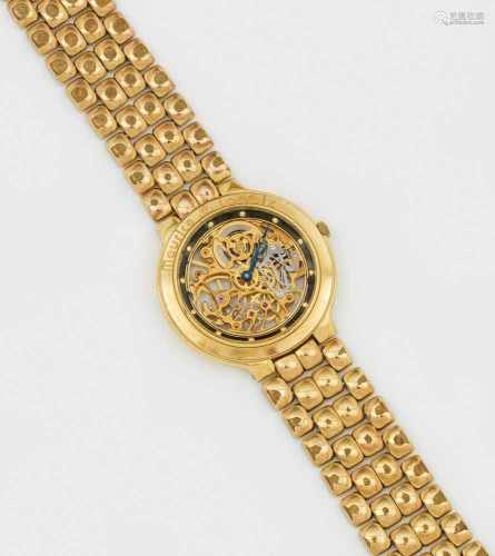 Skeleton-Armbanduhr von Maurice LacroixVergoldet. Rundes, profiliertes, verglastes Uhrengehäuse.