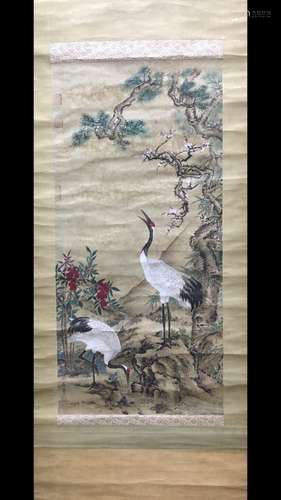 A Chinese Cranes Silk Scroll, Huang Quan Mark