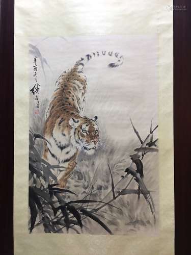 A Chinese Tiger Scroll Painting, Liu Jiyou Mark