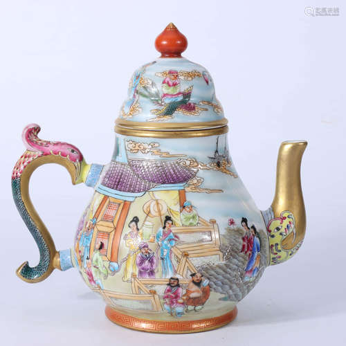 A Chinese Famille Rose Porcelain Pot with Handle