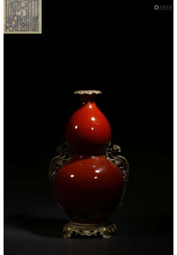 A Chinese Red Glazed Gilded Copper Porcelain Gourd-shaped Vase