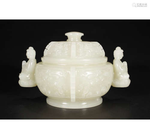 A Chinese Hetian Jade Incense Burner With Cover