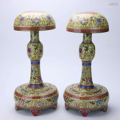 A Pair of Chinese Yellow Land Porcelain Candlestick