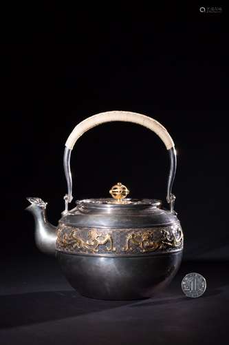 A Chinese Gilded Relief Taotie Pattern Pot With Loop Handle