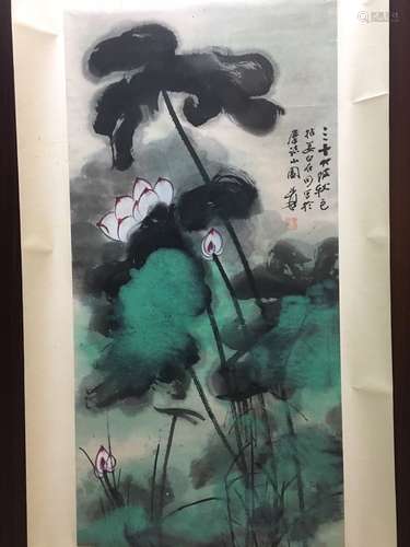 A Chinese Lotus Scroll Painting, Zhang Daqian Mark