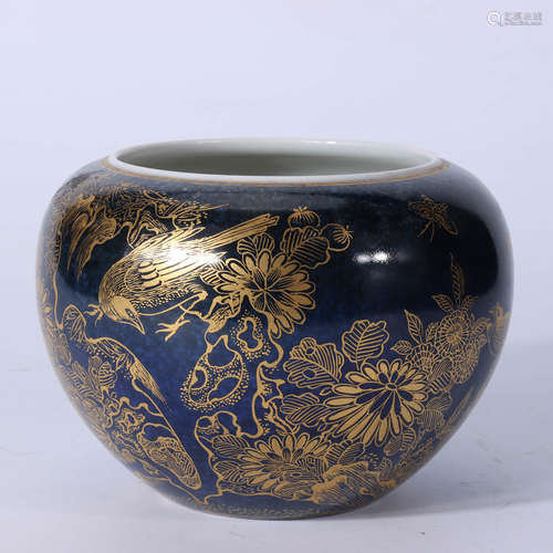 A Chinese Gilded Floral Blue Glazed Porcelain Water Pot