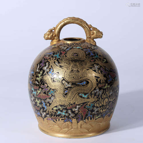 A Chinese Gilded Dragon Pattern Black Land Porcelain Pot