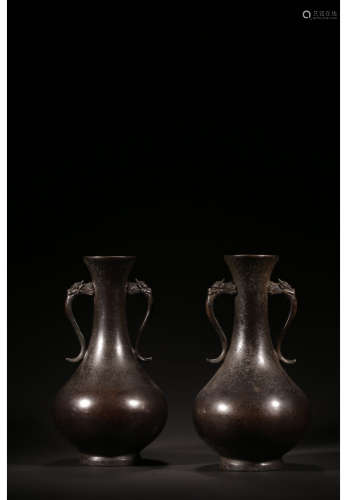 A Pair of Chinese Dragon Shape Ears Copper Vases