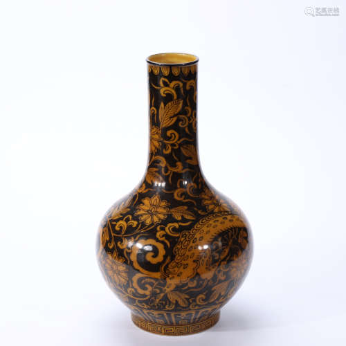 A Chinese Floral Black Land Yellow Glazed Porcelain Vase