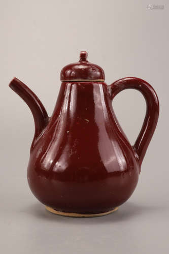 A Chinese Altar Red Glaze Porcelain Pot with Handle