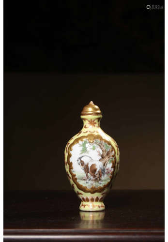A Chinese Yellow Land Famille Rose Porcelain Snuff Bottle