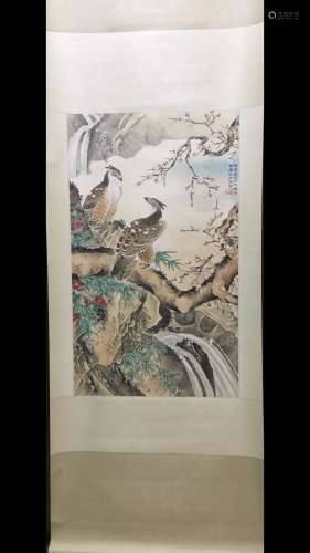 A Chinese Flower&Bird Pattern Silk Scroll, Jin Cheng Mark