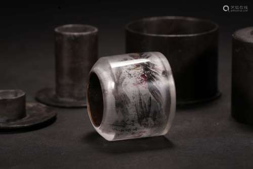 A Chinese Glass Thumb Ring with Landscape Painting,Ding Erzhong Mark,with Tin Box