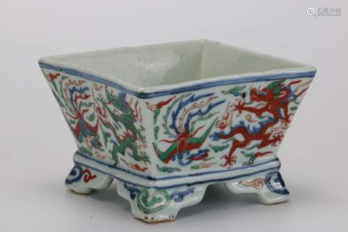 A Chinese Multi-colored Blue and White Porcelain Square Water Pot