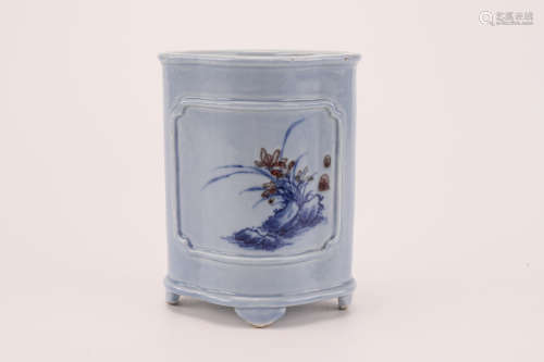 A Chinese Blue and White Underglazed Red Porcelain Brush Pot