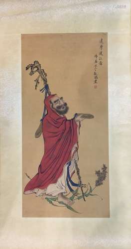 A Chinese Bodhidharma Silk Scroll, Ding Guanpeng Mark
