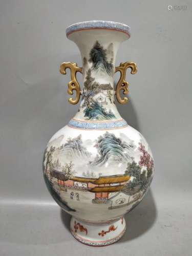A Chinese Landscape Printed Famille Rose Porcelain Vase