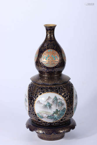 A Chinese Carved Black Land Floral Porcelain Vase