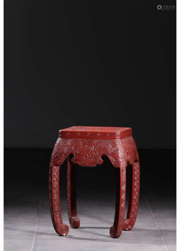A Chinese Floral Red Lacquer Square Stool