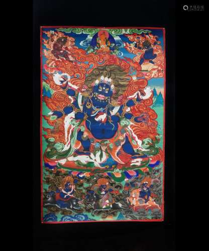A Chinese Thang-ga Paintingg of Six Arms Mahagala