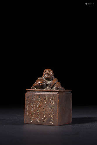 A Chinese Arhats Carved Bamboo Square Seal