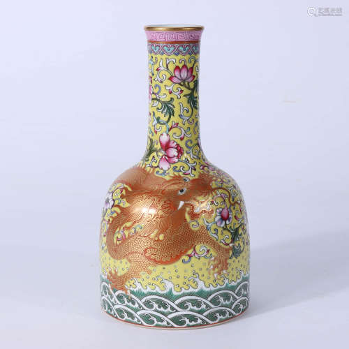 A Chinese Gilded Dragon Pattern Yellow Land Porcelain Zun