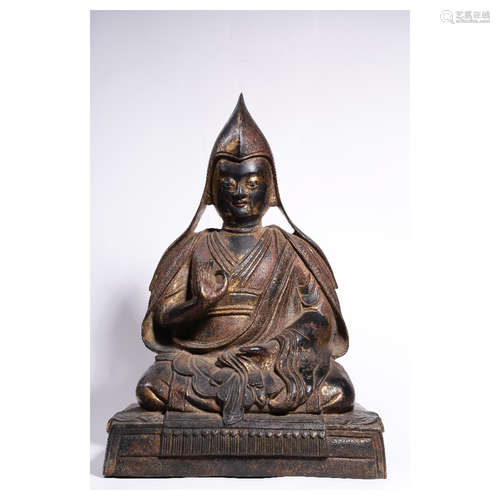 A Chinese Gilded Copper Tsongkhapa Seated Statue