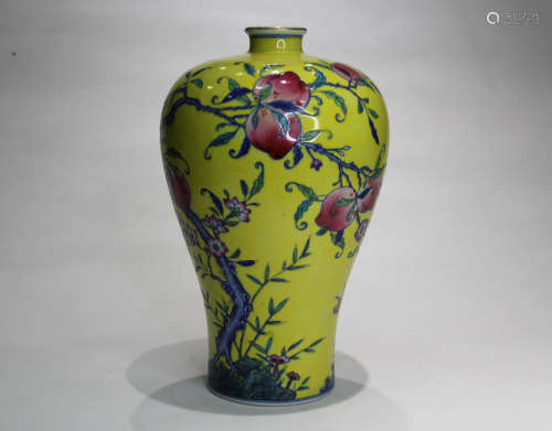 A Chinese Yellow Ground Famille Rose Porcelain Plum Vase