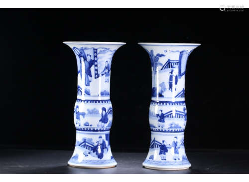A Pair of Chinese Blue and White Porcelain Beaker Vases
