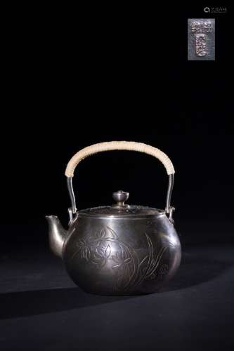 A Chinese Carved Floral Silver Kettle