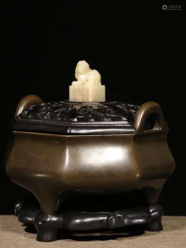 A Chinese Bronze Double-eared Incense Burner