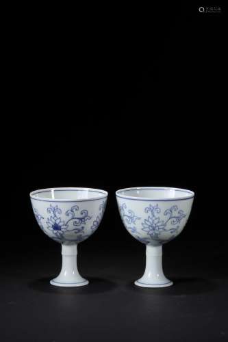 A Pair of Chinese Blue and White Porcelain Stem Cups
