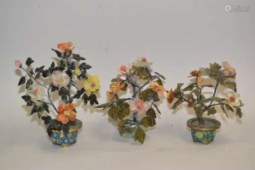 Three Chinese Jade Tree in Cloisonne Pots
